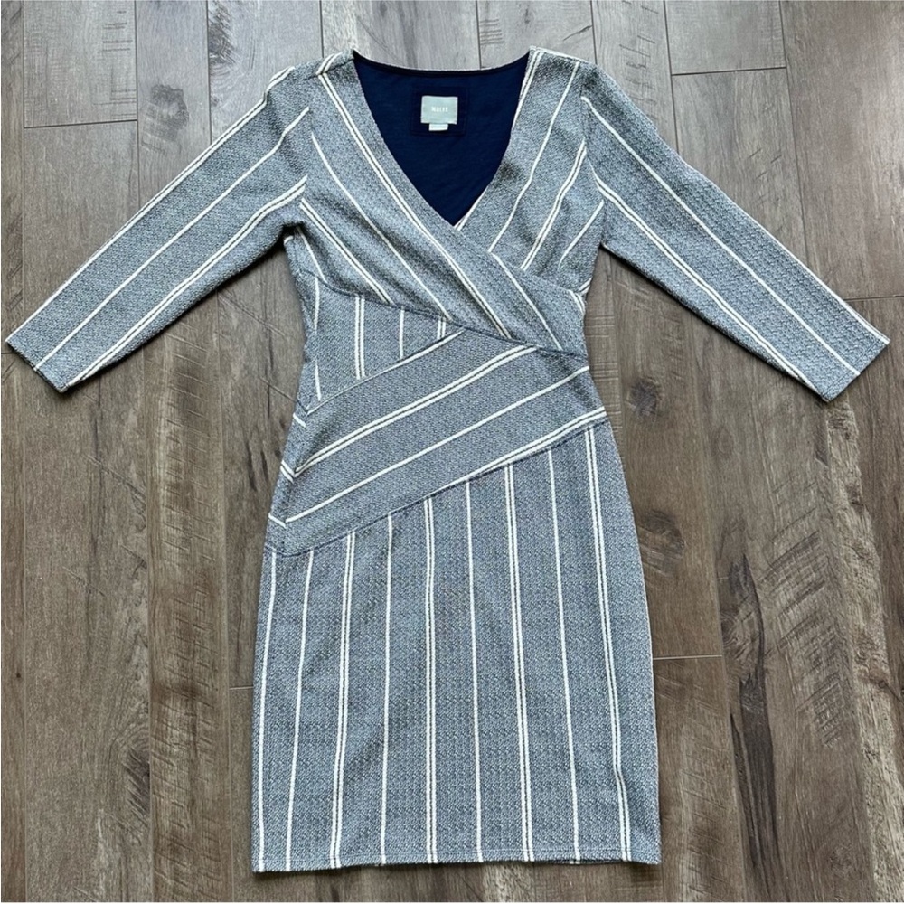 EUC Maeve x Anthropologie Blue / White Stripped Faux Wrap Fitted Dress Small